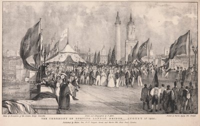 The Ceremony of Opening London Bridge with the Old London Bridge in the Background by Thomas Allom