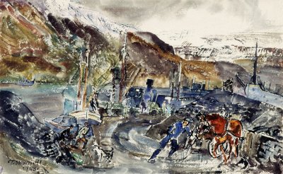 Local Coal Cart and Trawlers, Seydisfjordur, Iceland by Thomas Barclay Hennell