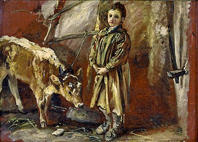 Boy with a tethered calf by Thomas Barker