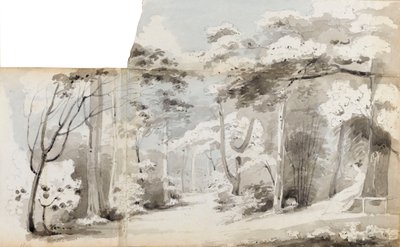 A young woman, perhaps Charlotte Nelson, seated in an arbour in a wooded landscape by Thomas Baxter