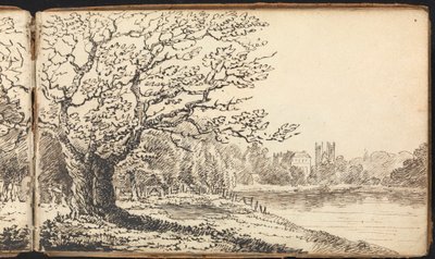 Album of Landscape and Figure Studies: Trees Alongside a River with Buildings in the Distance by Thomas Bradshaw