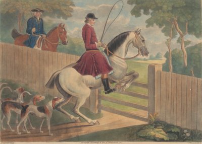 Hunting [two of a set of twelve]: 7. [A rider putting horse to a gate] by Thomas Burford