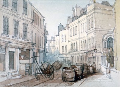 Bread Street Hill and St Nicholas Olave Churchyard, City of London, c1850 by Thomas Colman Dibdin