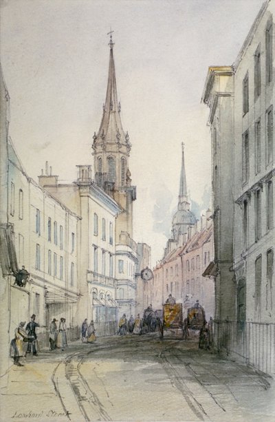 View along Lombard Street, looking east, with figures and carriages, City of London by Thomas Colman Dibdin