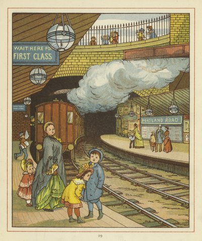 A woman standing with a group of children on a platform at Portland Road railway station by Thomas Crane