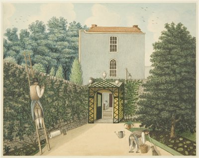 A view of the entrance from York Street, with two gardeners at work, at 14 St James