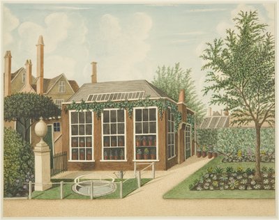 A view of the hot-house and a small pool from the gravel walk at 14 St James