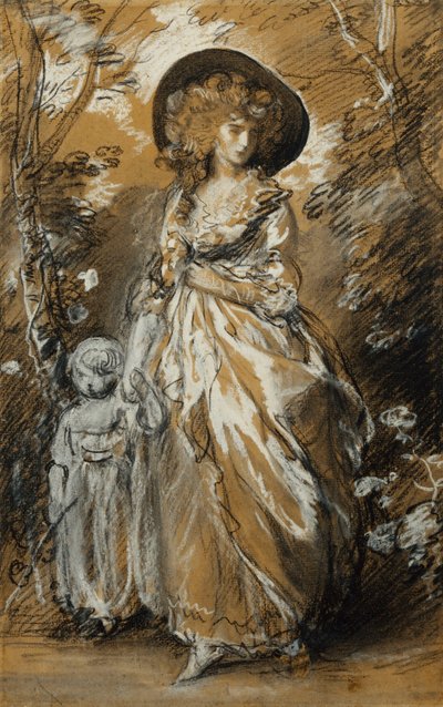 A Lady Walking in a Garden, Standing Full Length and Holding her Small Child by the Hand by Thomas Gainsborough