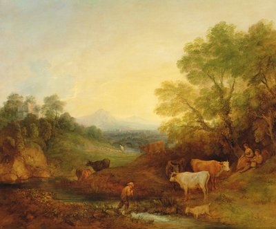 A Landscape with Cattle and Figures by a Stream and a Distant Bridge by Thomas Gainsborough