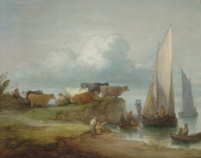 Cattle on a River Bank with Sailing Boats by Thomas Gainsborough