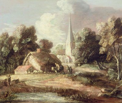 Landscape with a Church, Cottage, Villagers and Animals by Thomas Gainsborough