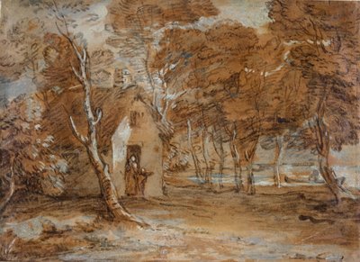 Wooded Landscape, Cottage, Figures and Boat on Lake by Thomas Gainsborough