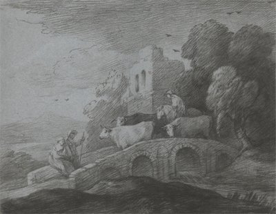 Wooded Landscape with Herdsman Driving Cattle over a Bridge, Rustic Lovers and Ruined Castle by Thomas Gainsborough