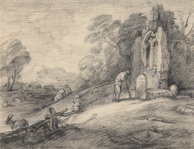 Wooded Landscape with Peasant Reading an Inscription on a Tombstone beside a Ruined Church, Figures, Donkey, Sheep and Distant Mountains by Thomas Gainsborough