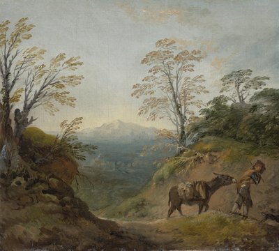 Wooded Landscape with a Boy Leading a Donkey and Dog, and an Extensive Panorama with Buildings and Distant Hills by Thomas Gainsborough