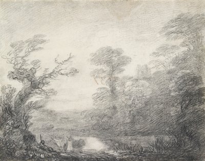 Wooded landscape with herdsman, cows and church tower by Thomas Gainsborough