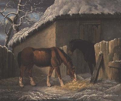 A Winter landscape with two horses feeding outside a stable (dated 1804) by Thomas Hand