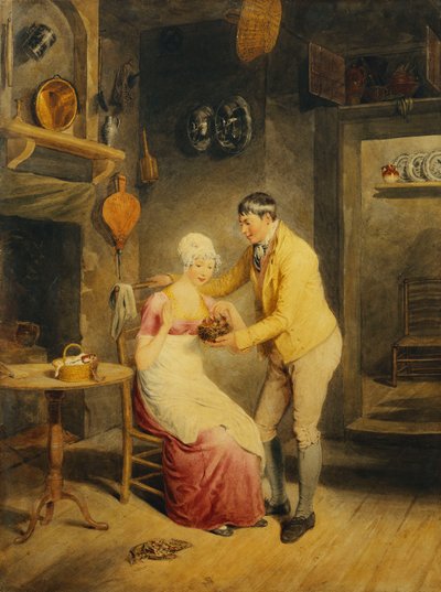 Idle Moments: a Boy Showing a Girl a Nest of Fledgelings in an Interior by Thomas Heaphy