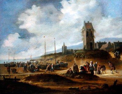 A View of Egmond with Fishermen Selling Their Catch by Thomas Heeremans
