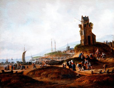 A View of Scheveningen, with Fishermen Selling Their Catch by Thomas Heeremans