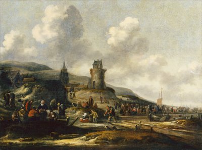 A View of Scheveningen with Fishermen Selling Their Catch by Thomas Heeremans
