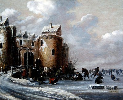 A Winter Landscape with Skaters by a Fortified Gatehouse by Thomas Heeremans