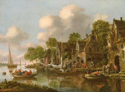 A River Landscape with Boats and Figures by a Tavern, 17th Century by Thomas Heeremans