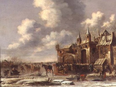 Townsfolk on the Ice by a Town Gate by Thomas Heeremans