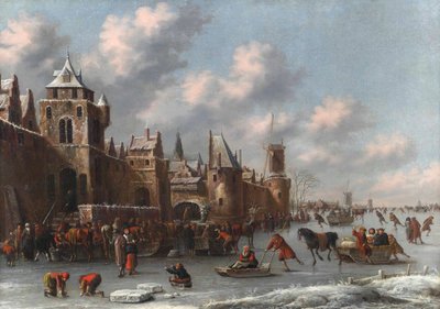 Winter Landscape with Figures Skating and Sledging on a Frozen Moat by a Fortified Town by Thomas Heeremans