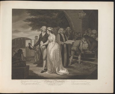 Newly Married Modest Maid Walks to a Carriage While the Wanton Maid is Buried (Plate 10. The Good Girl Married to her Master / The Wanton laid in her Grave) by Thomas Hellyer