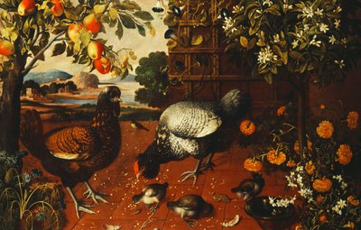 A Cock, a Hen and Chicks in a Yard by Thomas Hiepes