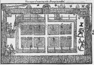 The manner of watering with a pump in a tub, from The Gardeners Labyrinth, 1577 by Thomas Hill