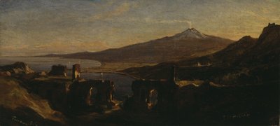 View from the Ruins of the Greek Theater at Taormina, Sicily, with Mount Etna (Smoking) by Thomas Hiram Hotchkiss