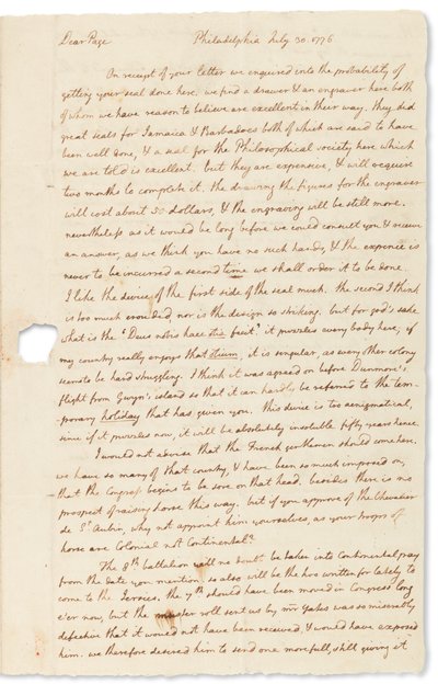 Autograph Letter to John Page, Philadelphia, 30 July 1776 by Thomas Jefferson