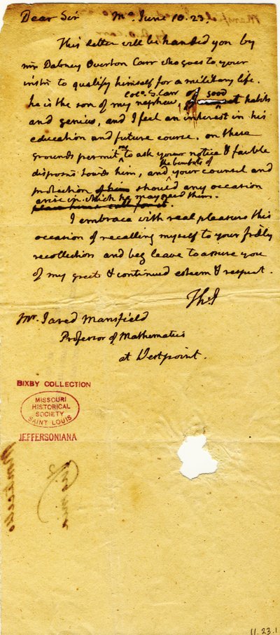 Letter of Thomas Jefferson (initials only), Monticello, to Jared Mansfield, professor of mathematics at West Point, June 10, 1823 by Thomas Jefferson