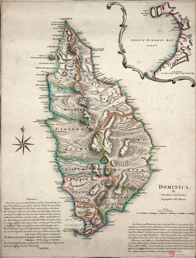 Colour Map of Dominica with Detailed Geographical Observations, c.1760 by Thomas Jefferys