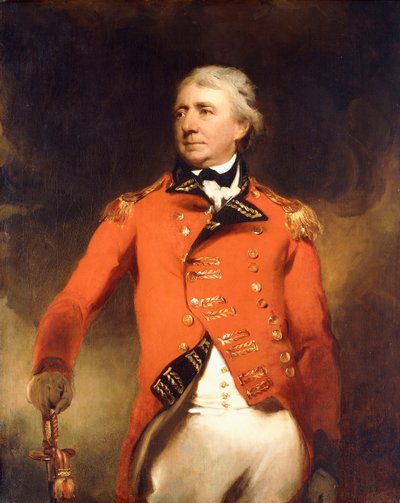 Portrait of General James Stuart standing three-quarter length, wearing a red uniform with gold frogging by Thomas Lawrence