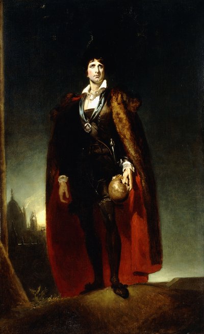 Portrait of John Kemble as Hamlet, standing full-length in a Landscape, wearing a cape and holding a skull by Thomas Lawrence