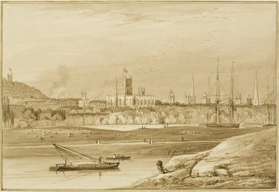Bristol from Coronation Road with Cumberland Road, the New Cut and a view of the churches of Bristol by Thomas Leeson the Elder Rowbotham