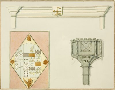 Chimneypiece, stained glass and snow box at 35 High Street by Thomas Leeson the Elder Rowbotham