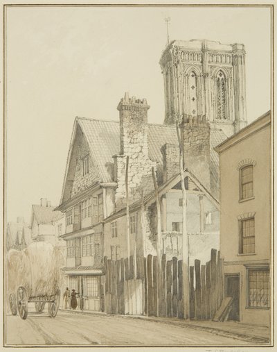 Temple Street, showing Tower of Temple Church by Thomas Leeson the Elder Rowbotham