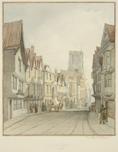 Temple Street, showing the tower of Temple Church by Thomas Leeson the Elder Rowbotham