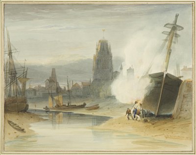 View of St Mary Redcliffe from the Gibb slip prior to formation of Floating Harbour, also showing the breaming of the bottom of a ship by Thomas Leeson the Elder Rowbotham