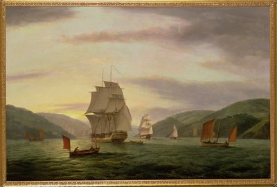 A Frigate, A Lugger and Merchant Ship in Dartmouth Harbour by Thomas Luny