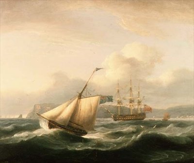 A Two-Decker Anchored in Torbay Harbour, with a Cutter in the Foreground by Thomas Luny