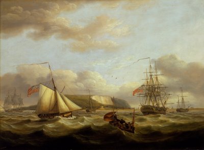 A cutter passing astern of a frigate, early 19th century by Thomas Luny