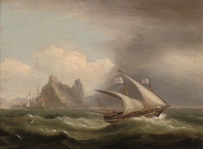 An armed Xebec in the Mediterranean, a British frigate off her stern and running past a rocky coastline by Thomas Luny