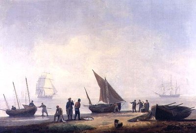 Fisherfolk on a Beach, with Vessels Offshore by Thomas Luny
