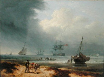 Shipping in a Windswept Bay with Men Working on the Shore by Thomas Luny