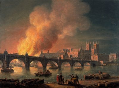 Westminster Bridge and the Burning of the Houses of Parliament from Lambeth, 1835 by Thomas Luny